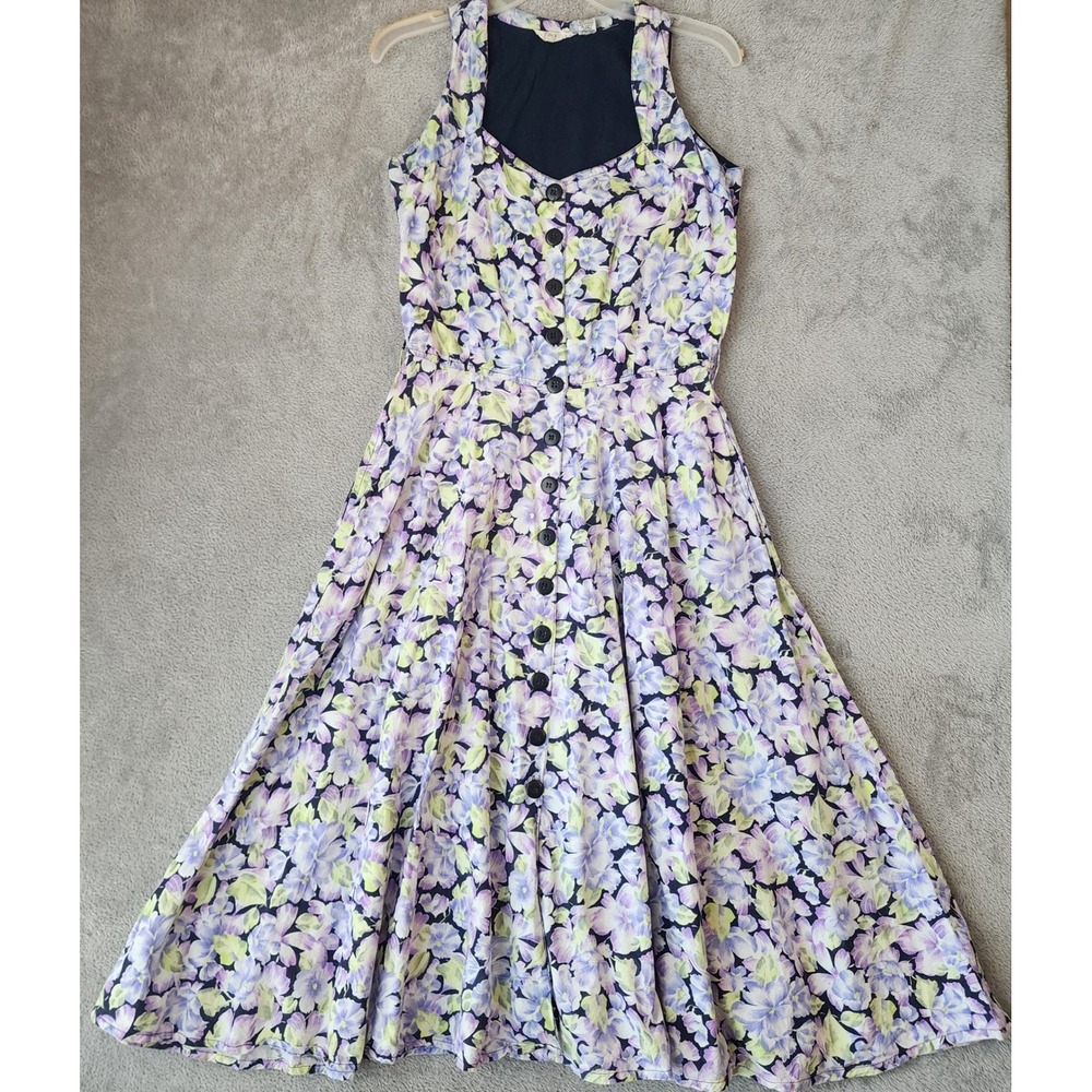 Starina Midi Dress Womens Small Blue Purple Floral Cotton Button Front Vintage
